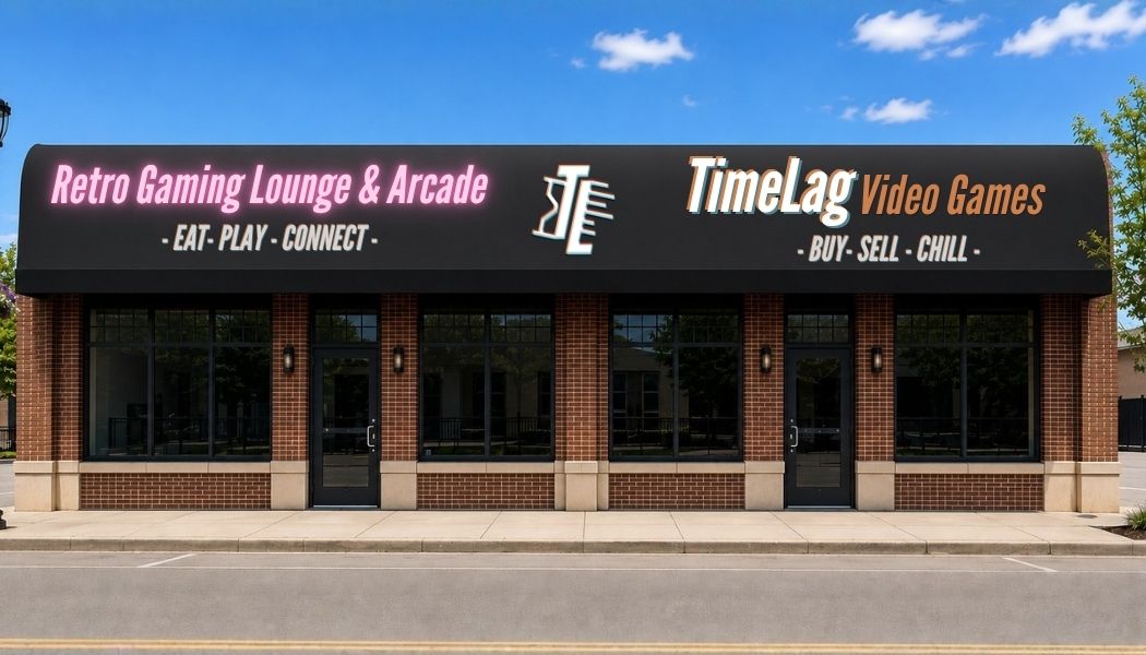 TimeLag Video Games storefront — Retro Gaming Lounge & Arcade with Buy · Sell · Chill signage